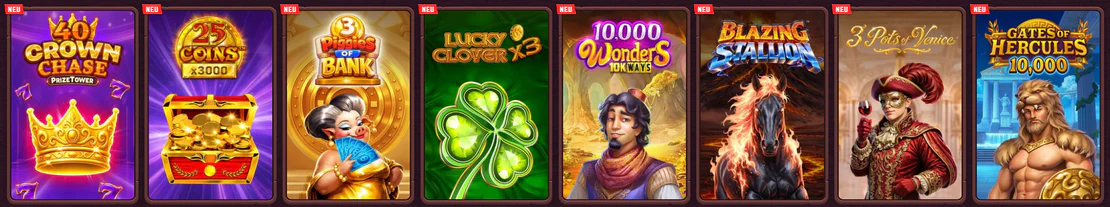 5 Gringos Casino overzicht van nieuwe slots zoals 40 Crown Chase, 25 Coins, Lucky Clover X3, Blazing Stallion en Gates of Hercules 10.000